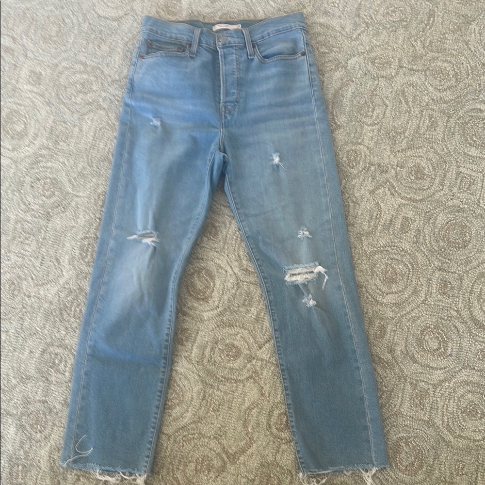 Levi's Blue Straight Leg Jeans with Distressed Details